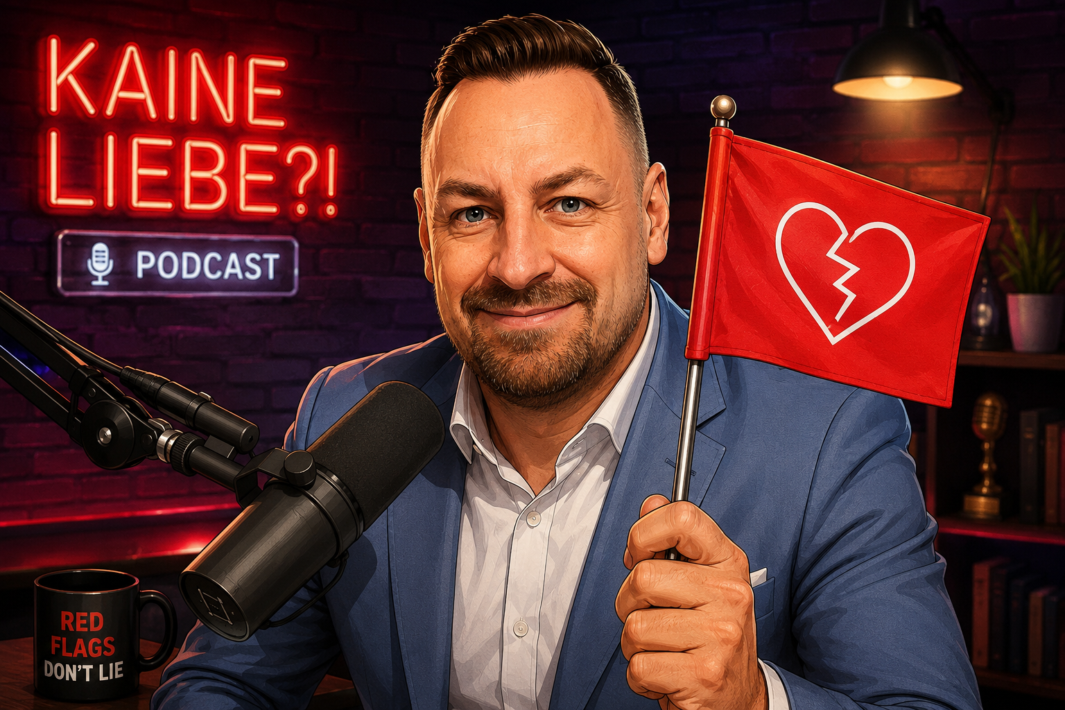 Illustration von Kai im Podcaststudio mit dem Titel Kaine Liebe und einer Red-Flag-Herzfahne